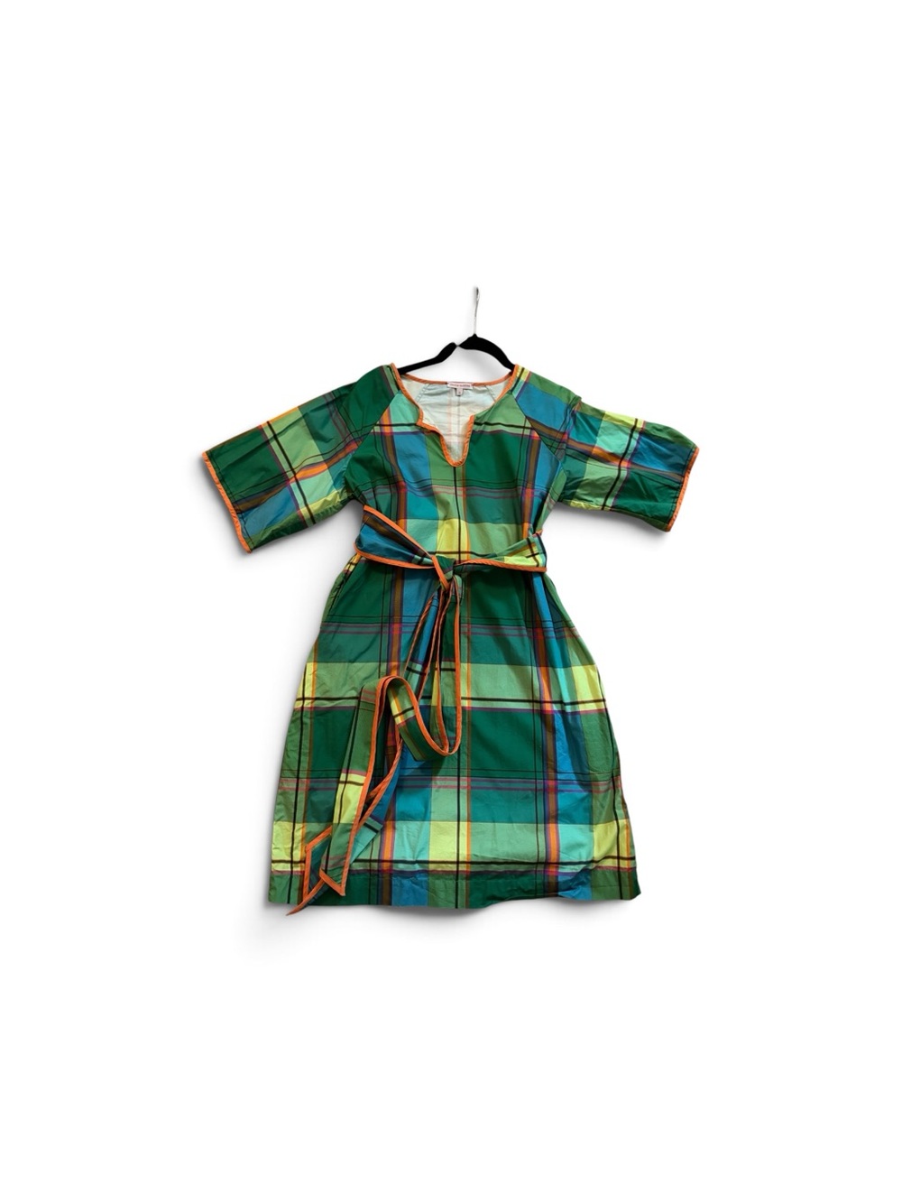 Frances Valentine Green Plaid Cotton Tie-Waist Dress